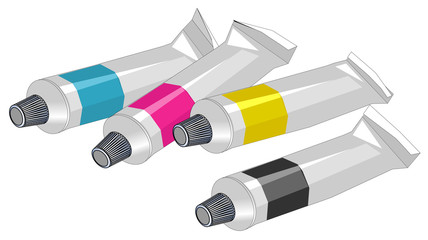 Four tubes of paint - cyan, magenta, yellow and black