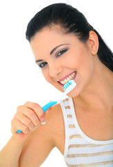 Attractive Woman Brushing Teeth Isolated
