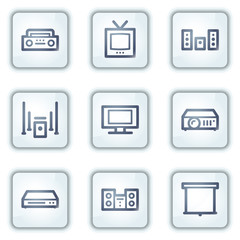 Audio video web icons, white square buttons series