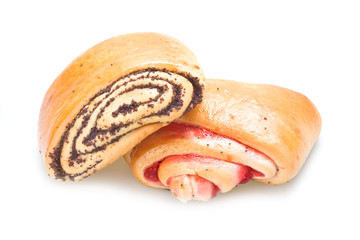 Tasty baked rolls with poppy and jam