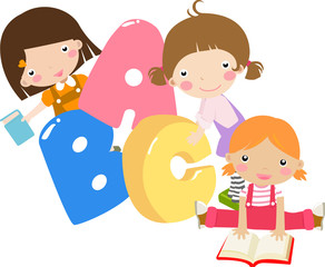 Three cartoon girls holding ABC letters