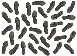 Traces of army boots on a white background