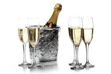 Champagne flutes and ice bucket