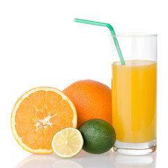 orange juice with straw and orange, lime isolated on white