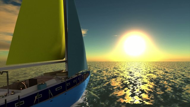 Sailing sailboat sails along ocean to meeting sun