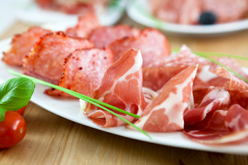 Close up of coppa and spicy salami