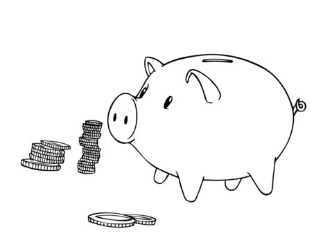 piggy bank with coins, black and white clip art preview