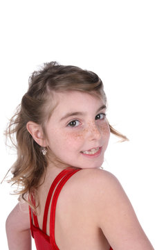 Pretty Young Girl In Red Leotard Looking Over Her Shoulder