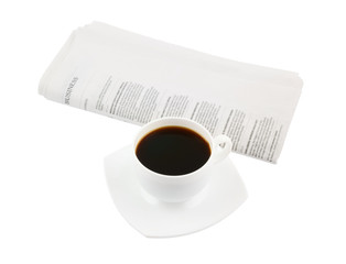 Coffee cup with newspaper isolated on white