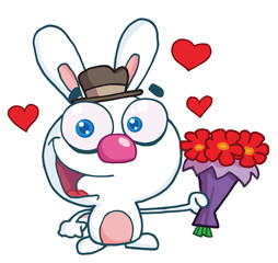 White Bunny Smiling And Holding Out Flowers For His Date