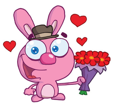 Pink Bunny Smiling And Holding Out Flowers