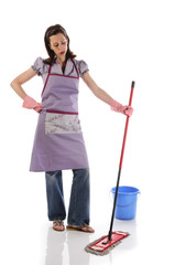hausfrau, Putzfrau mit Wischmop