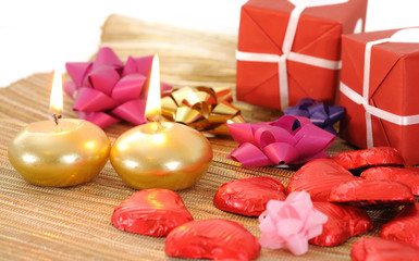 Red and white gift box with ribbons for love