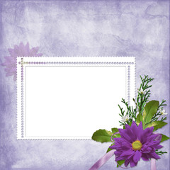 Card for the holiday  with flowers and ribbons on the abstract b
