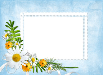 Obraz premium Card for the holiday with flowers and ribbons on the abstract b