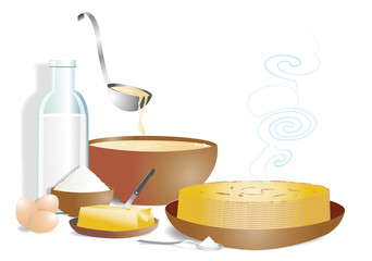 Chandeleur- ingrédients pâte à crêpes sur fond blanc