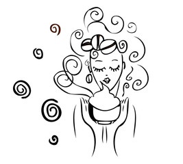 Coffee woman,  Beautiful young girl sipping coffee latte emblem,
