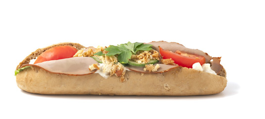 Submarine sandwich isolated on white background.