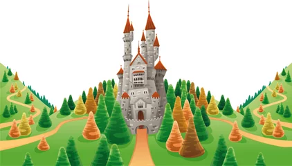 Foto op Plexiglas Kasteel Middeleeuws kasteel in het land. Cartoon en vectorillustratie