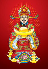 Chinese New Year god of wealth, with treasures, vector
