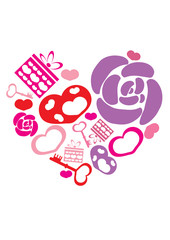 hearts, flowers, gifts, keys in form big heart