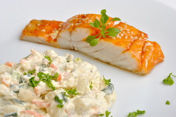 fresh home made potato salad with salmon