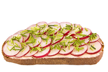 Radieschen auf Brot isoliert auf weißem Hintergrund