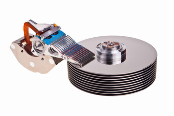Computer hard drive internal parts.