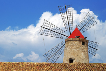 old Italy ,Sicily, windmill near Trapani-city - obrazy, fototapety, plakaty