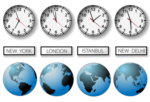 World city time zone clocks and globes