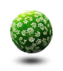 Grass planet with beautiful white flowers growing on it