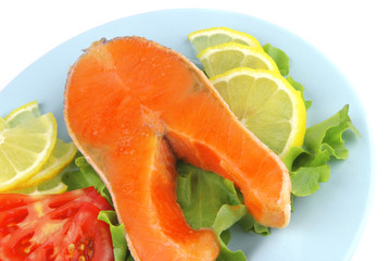 salmon steak on blue dish