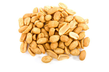 salted peanuts over white background