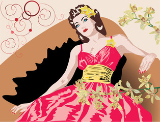 woman in red dress and orchids