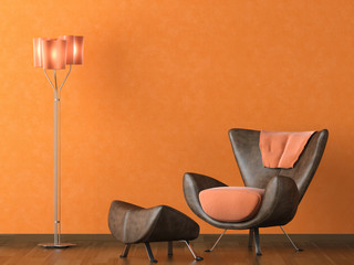 modern leather couch on orange wall