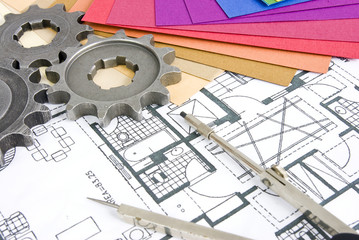 plans, paint, gears