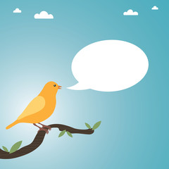 yellow canary perched on tree branch vector with copy space speech bubble on blue sky background