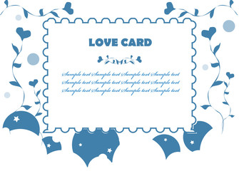 Love fake paper stamp background, card with heart flower in blue