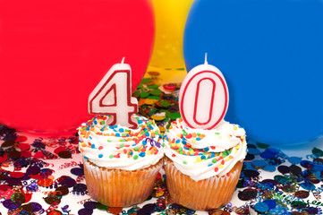 Celebration with Balloons, Confetti, and Cupcake