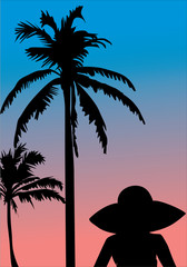 palm and woman silhouettes at sunset