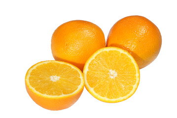 Three orange, one of which was cut in half, isolated