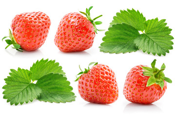 set fresh red strawberry with green leaves