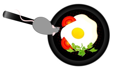 fried eggs on a dish are decorated a tomato and cheese