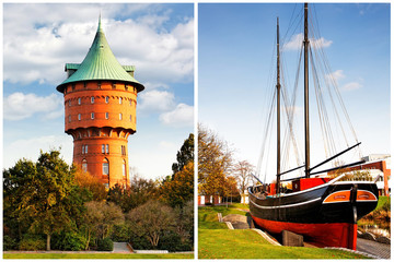 Cuxhaven mit Wasserturm und Museumsschiff Hermine