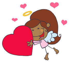 Cartoon Stick African American Cupid Girl Flying With Heart
