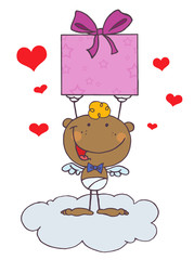 Cartoon Stick African American Cupid with Gift