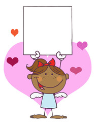 Cartoon Stick African American Cupid Girl with Banner
