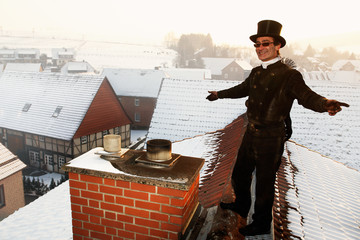 chimney sweep with stovepipe hat dancing upon the roof