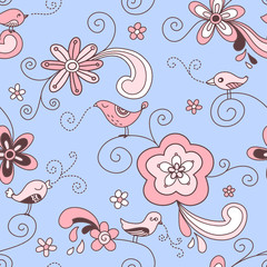Birds Floral Seamless Pattern Red Pink and Blue