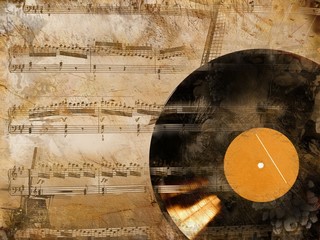 Grunge music background with vinyl disc